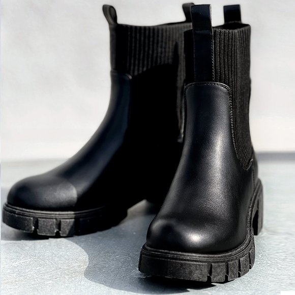 NEW Black Chunky Lug Sole Platform Elastic Cute Ankle Sock Boots Chelsea Bootie - Picture 3 of 12
